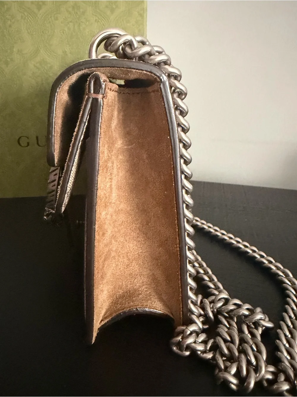Gucci GG Supreme Small Shoulder Bag in Brown and Tan with Silver Hardware